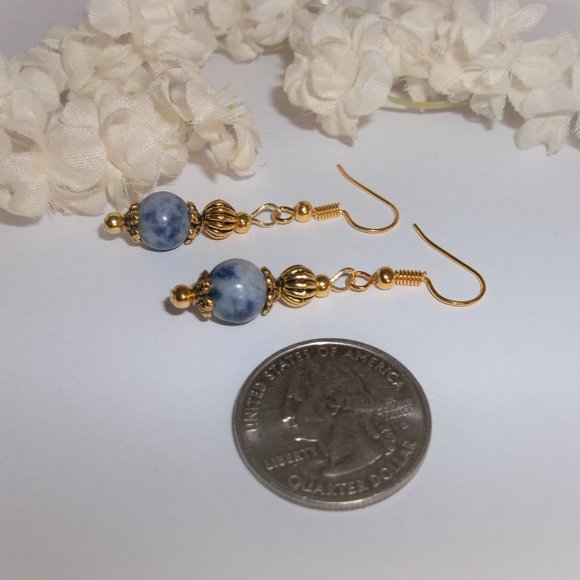 Blue Gold Earring Set Lapis Lazuli Beaded Fashion Jewelry Accessory Dangle 6333 - Picture 5 of 8